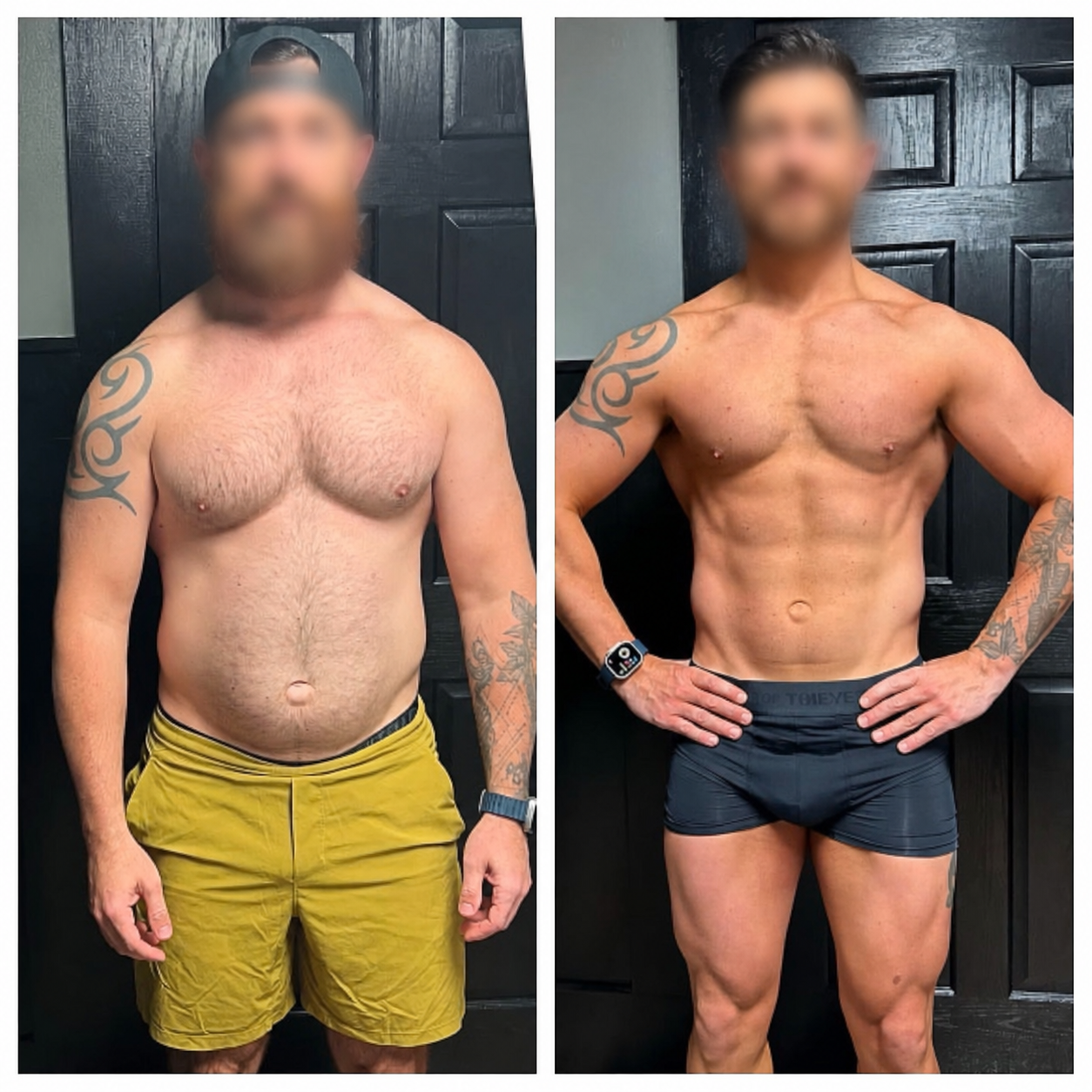 Antes e depois de aluno do Método Genesis com o rosto borrado