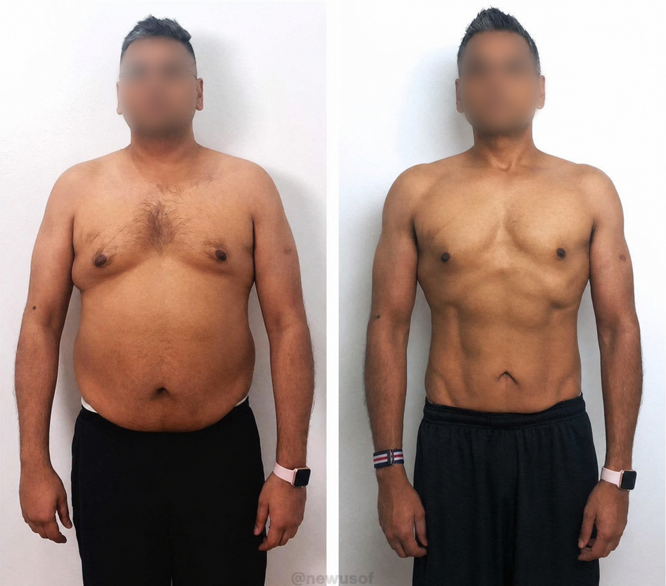 Antes e depois de aluno do Método Genesis com o rosto borrado