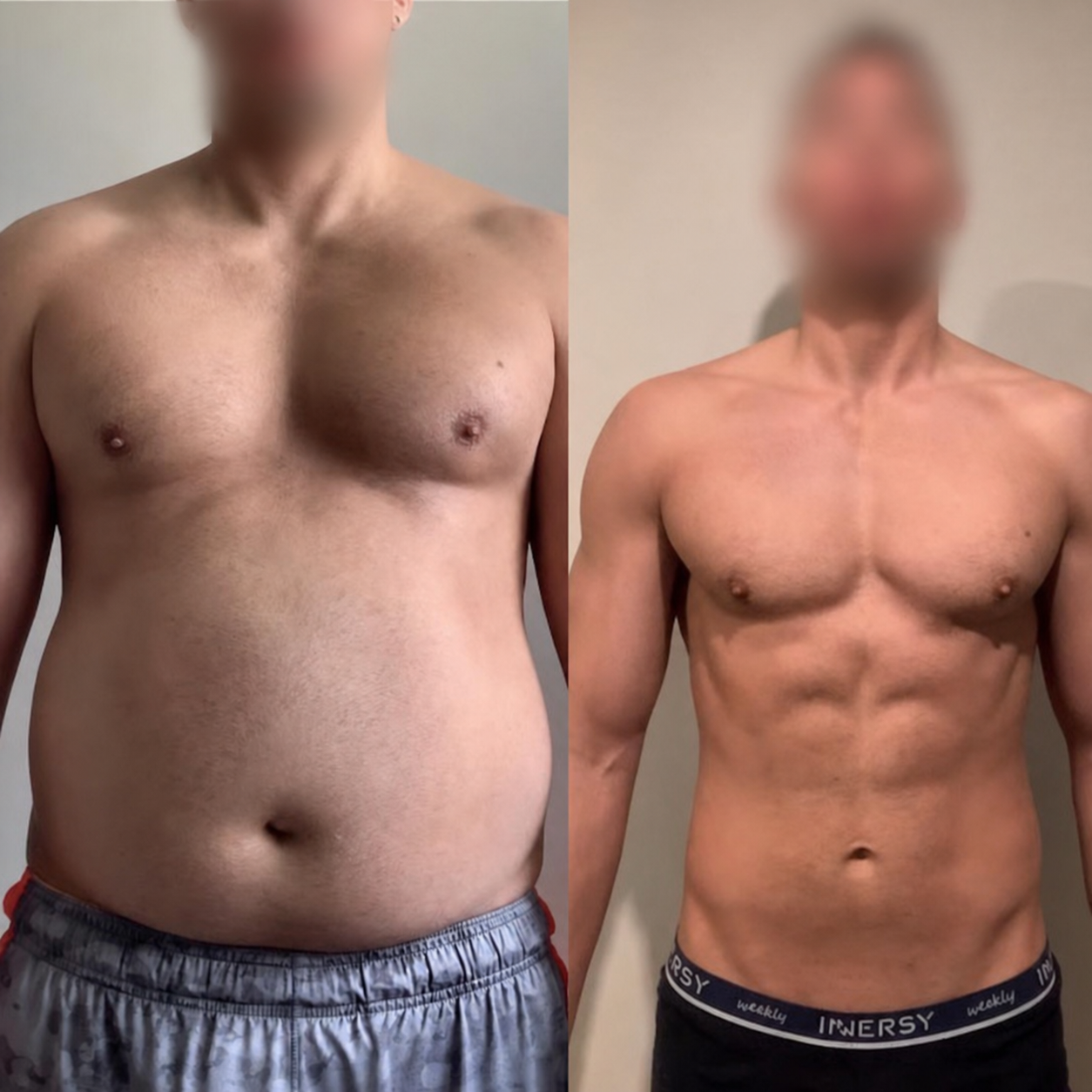 Antes e depois de aluno do Método Genesis com o rosto borrado